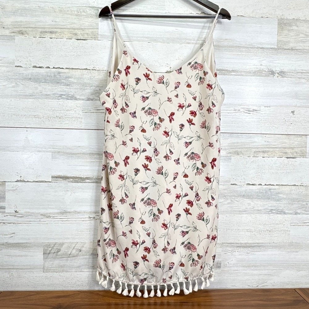 MOD REF Floral V-Neck Cami Dress Cream Tassel Fringe Hem Large‎ L Cottagecore